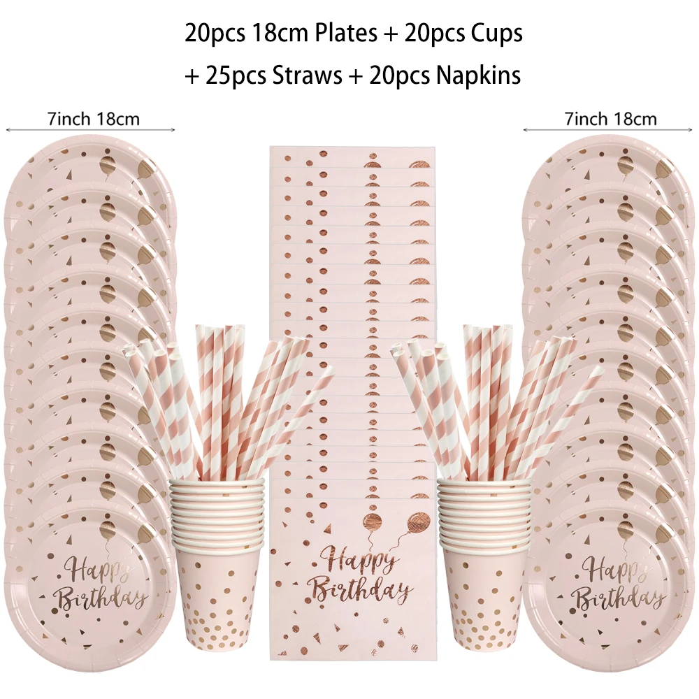 Birthday Disposable Tableware Set Pink Rose Gold White Plates Cups Napkins Tablecloth Girl Birthday Party Decoration Baby Shower image 2