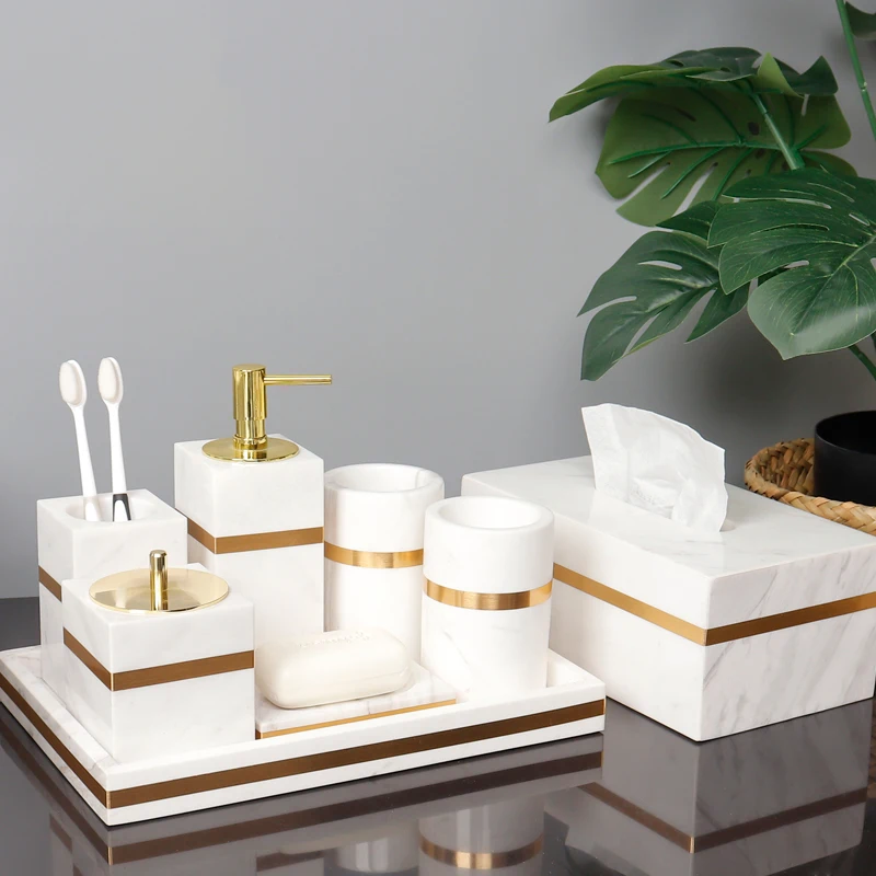 Volakos White Natural Marble Bathroom Accessories Golden Luxury Soap Dispenser Soap Dish Tray Tissue Box Bathroom Set