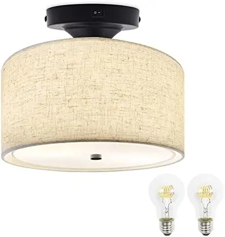 

Facon 12V RV Ceiling Light - 11" Brown Burlap Pendant with Switch & 2xE26 LED Bulbs