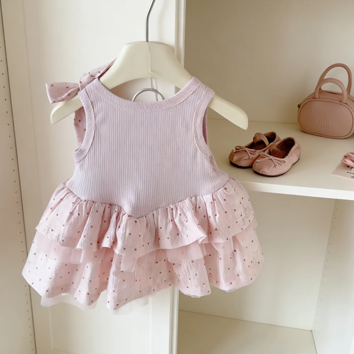 2026 Summer Korean Style Girls Pink Polka Dot Mesh Dress Princess Dress Sleeveless Lace Up Vest Dress for Toddler Baby Kids