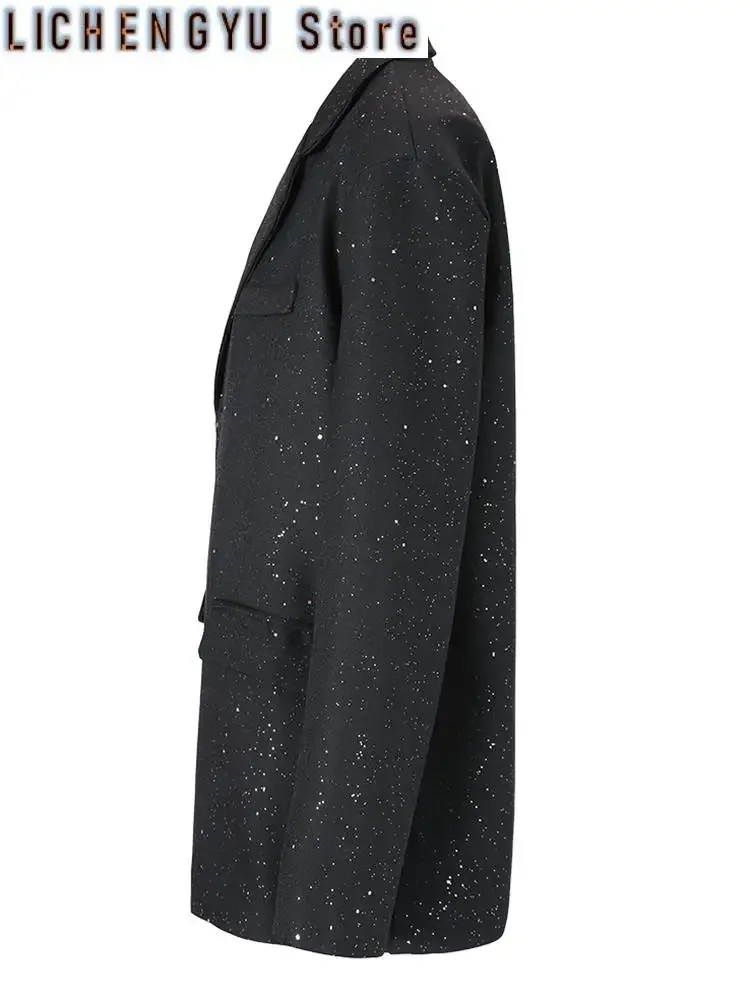 Women Black Shining Big Size Elegant Blazer New Lapel Long Sleeve Loose Fit Jacket Fashion Tide Spring Autumn