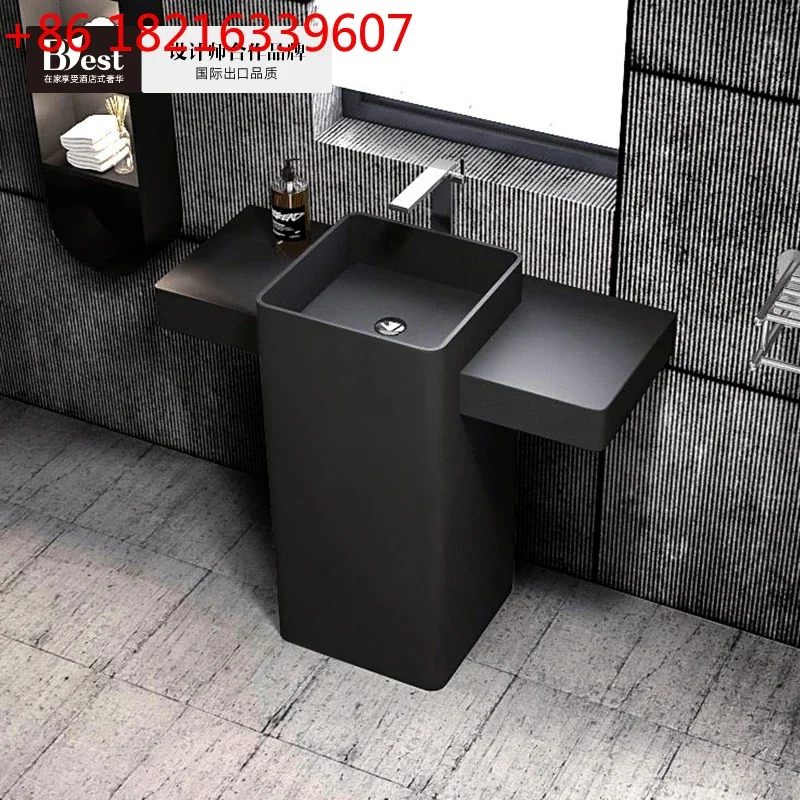 Matte black artificial stone pillar basin, column type floor-to-ceiling washbasin, balcony integrated hand washing
