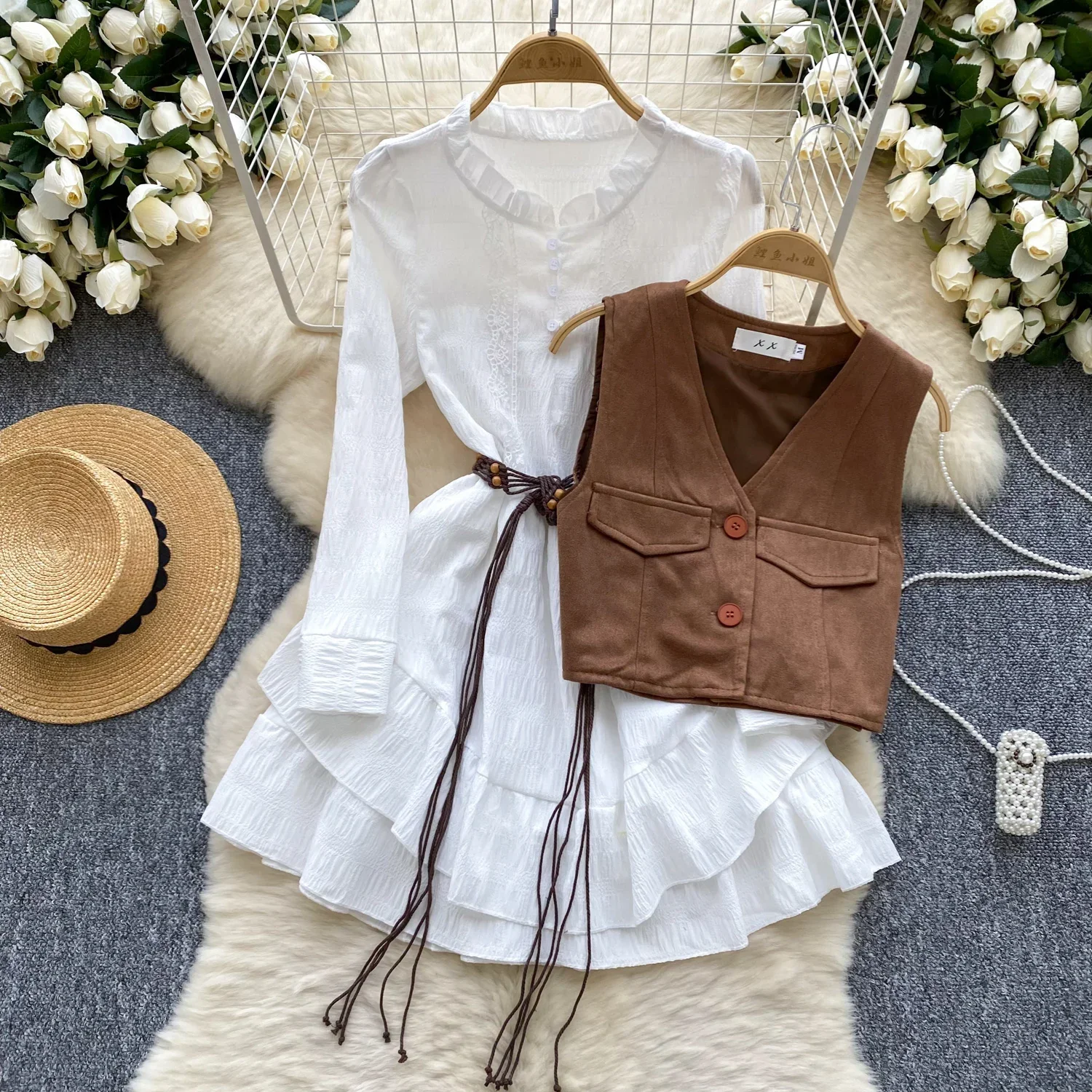 Chic Women Two-Piece Sets Long Sleeve Basics O-neck Bandage Ruffle Dress and Slim Single Breasted Vest Korean Autumn Clothing