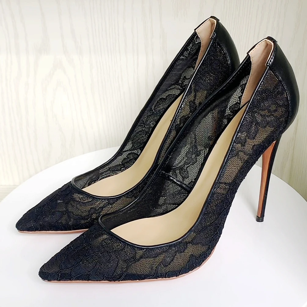 Summer Black White Mesh Lace High Heels Female Ladies Thin Heeled For Women Pointed Toe Pumps Sexy Woman Party Prom Shoes D017A