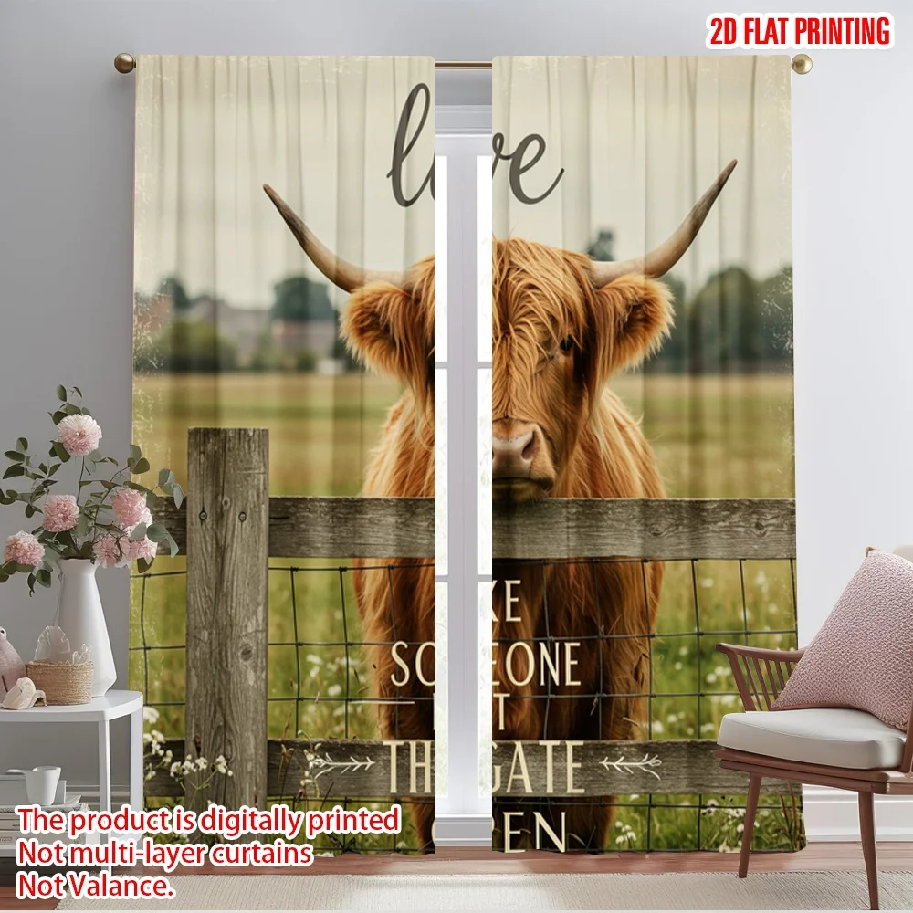 

2pcs 2D flat printing Curtain Highland Cow Open Gate 100% Polyester Fabric Without Electricity All Season Party & Holiday Decor