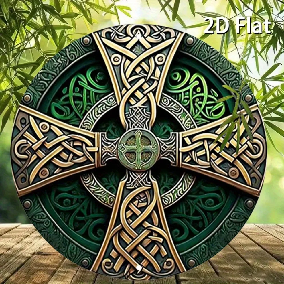 Letrero de cruz celta: arte de pared de metal rústico verde con diseño de nudo intrincado, sin marco para decoración bohemia de cafetería de restaurante en casa **
