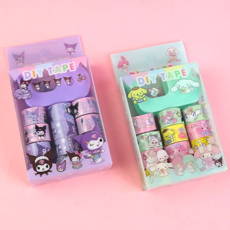 12 Rolls/box Sanrio Tape Sticker DIY Kawaii Kuromi Hello Kitty Cinnamoroll Tape Strips Adhesive Paper Photo Stickers Decorative