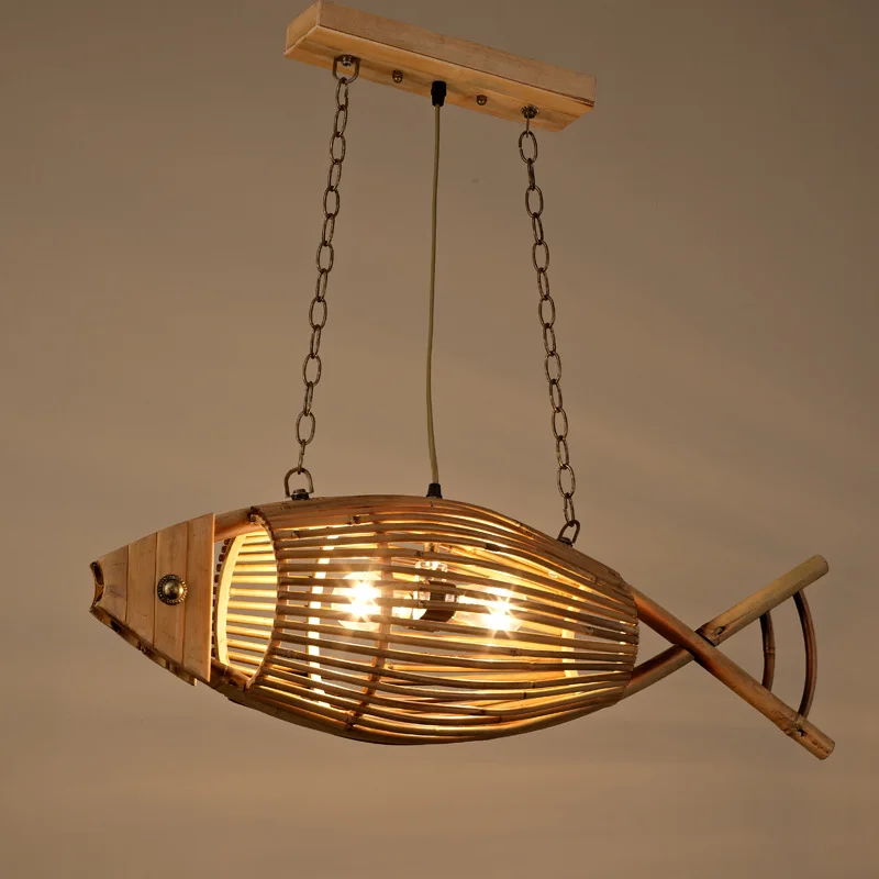 

Wood Fish Pendant Lights Hand Woven Rattan Hanging Lamps Restaurant Bedroom Bar Light Fixture Home Teahouse Decor Lamp Luminaire