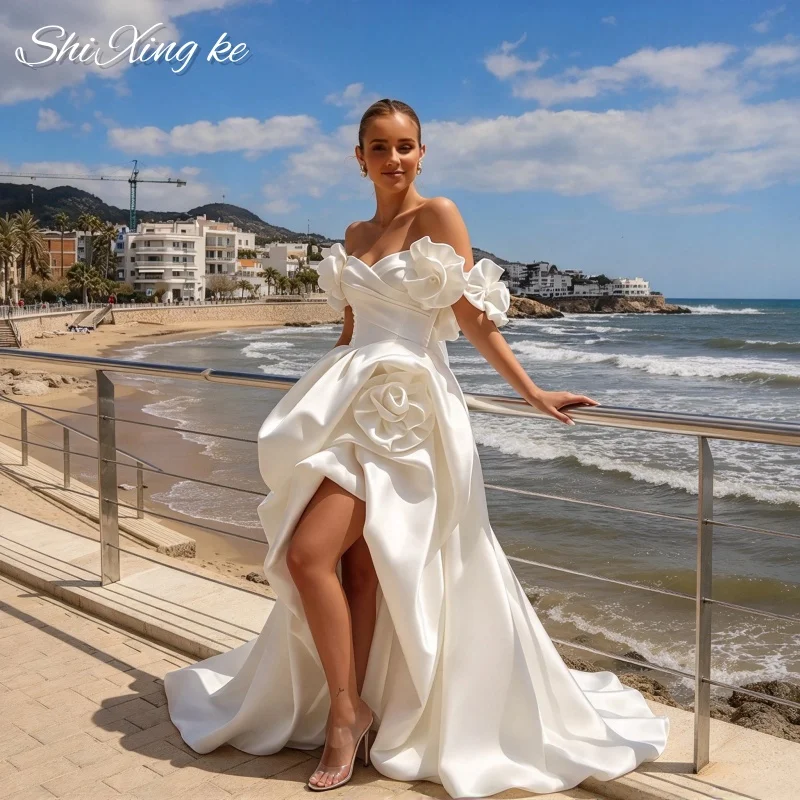Off Shoulder A-line Wedding Gown Satin Back Bow 3D Flower High Split Bridal Dress Vestidos De Novia Customized