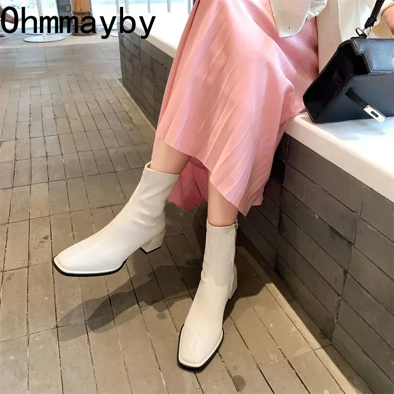 2024 Autumn Winter Design Heel Ankle Boot Fashion Square Toe Zipper Ladies Casual Chelsea Boots Shoes Soft Leather Short Boot