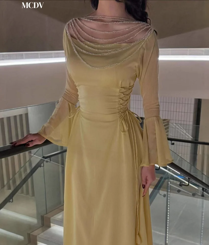 Customized Graceful Chiffon A-Line Off the Shoulder Sequined Beading Evening Dress Delicate Boat Neck Long Sleeves Party Gowns