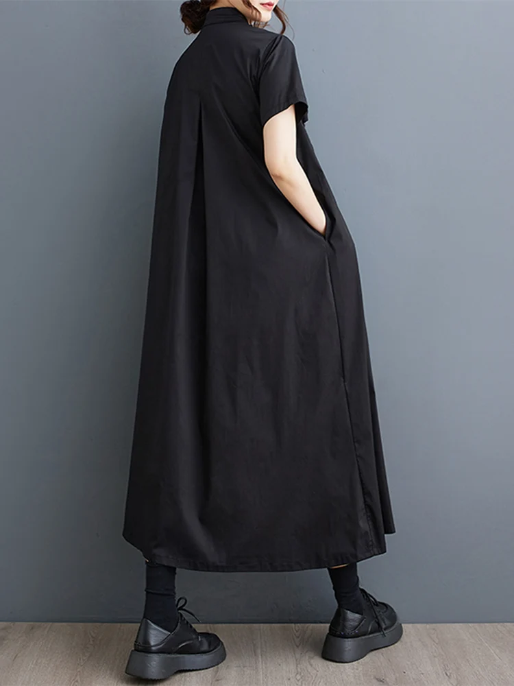 Black Vintage Spliced Shirt Dresses For Women Korean Fashion Short Sleeve Loose Casual Dress Elegant Clothing New Summer 2025