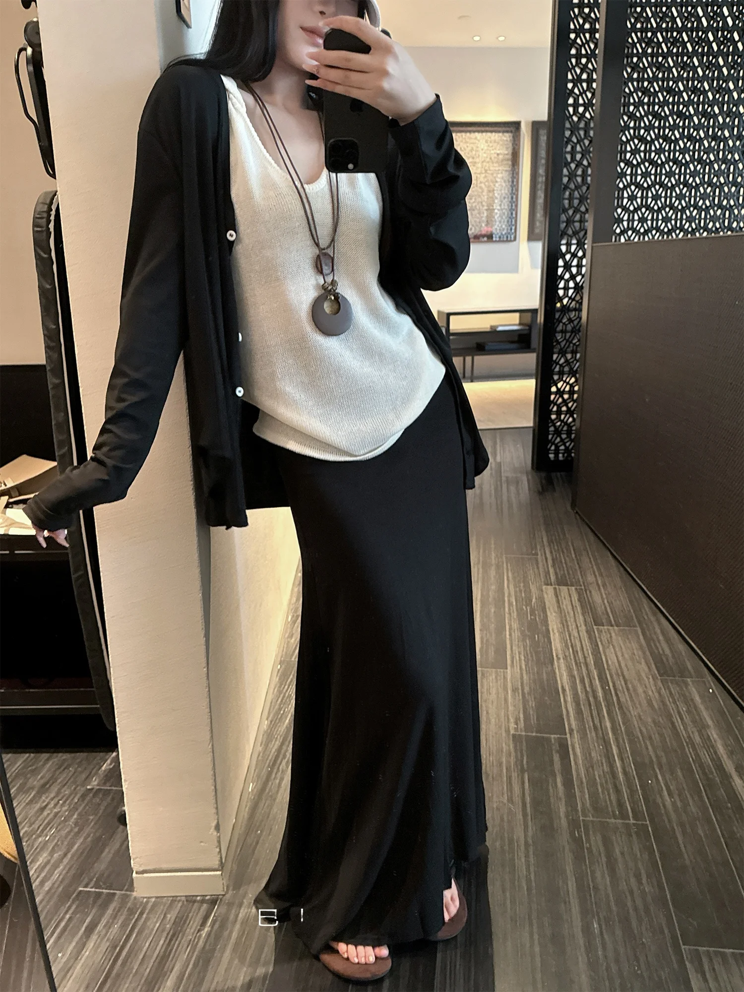 

Black Long Half-length Skirt Women's Fashionable Loose Slimming Summer New Style Versatile Studio BaBou High Waist A-Line Skirt