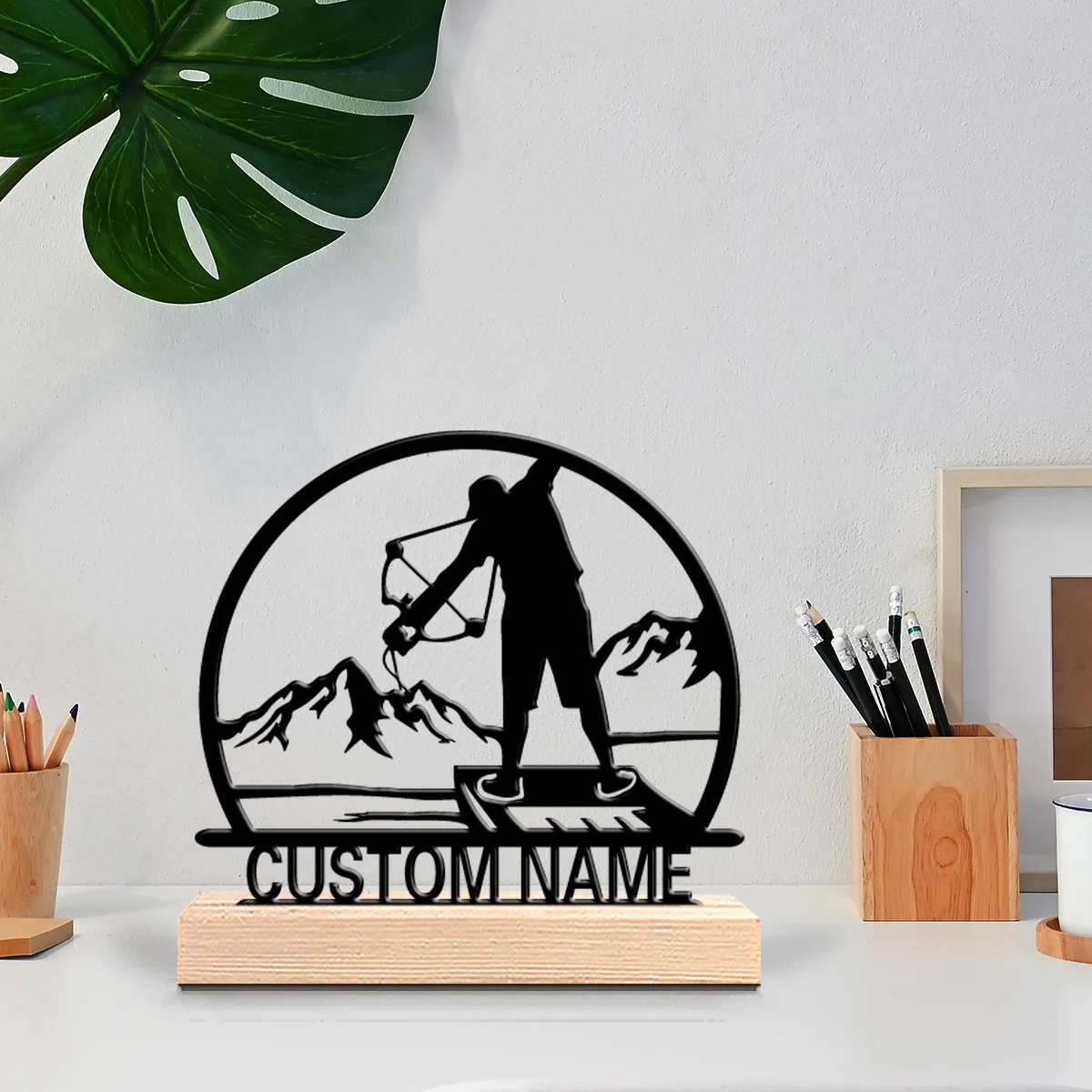 1pc Fly fishing outdoor sports Custom Name Metal Statue Iron Ornament Art Figurine With Wood Base With Wood Base Office Desk
