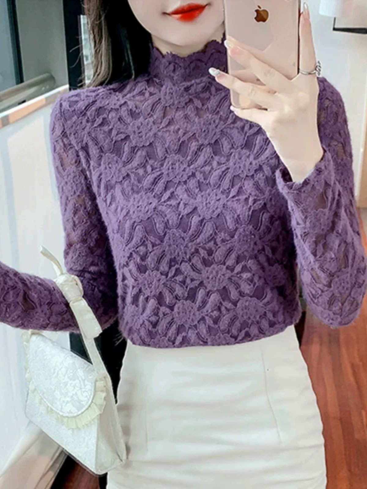 

Женская кружевная основа Fce на подкладке irt Sli f Высокий воротник Внутренняя одежда Топ Модный корейский Sle Slim Fit Long Sve Осенний W...