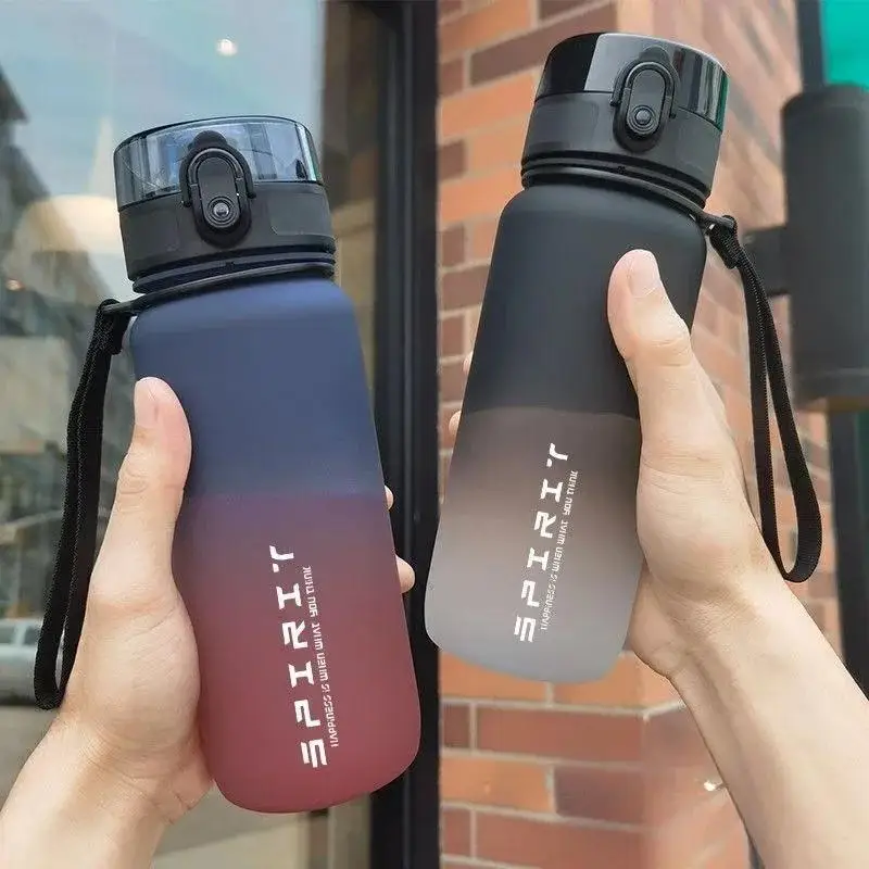 Gradient Frosted Sports Water Bottle Leak Proof Flip Lid Portable Strap Food Grade Material for Gym Travel