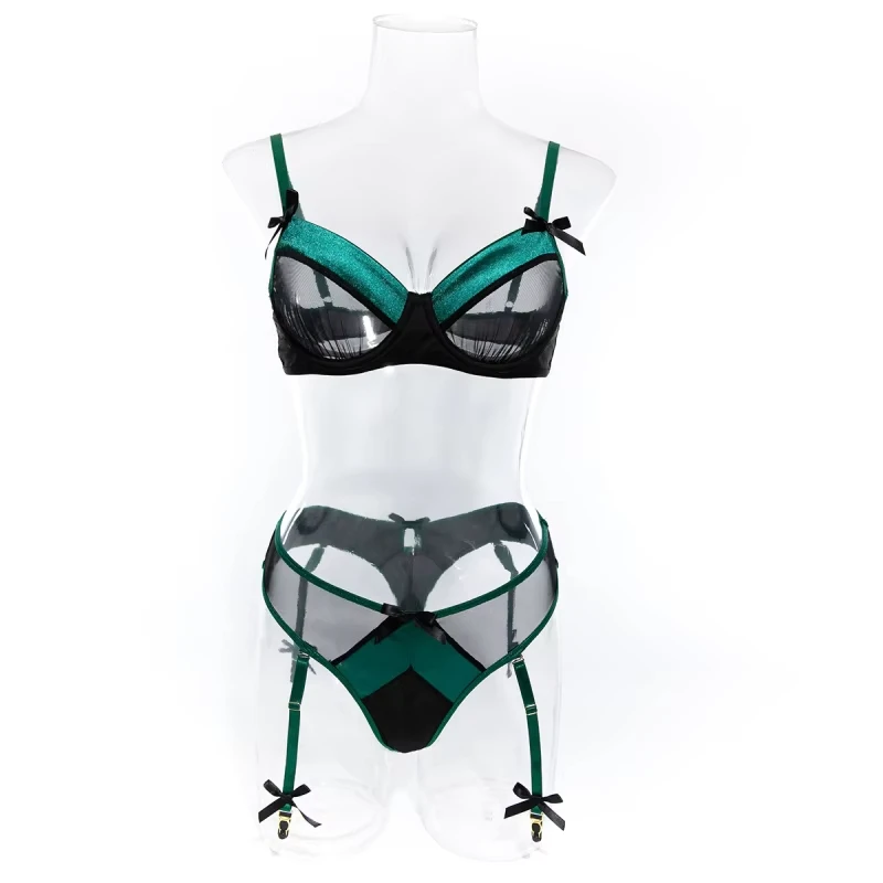 

Bikini mesh satin patchwork bra set with detachable bow garter belt swimsuit