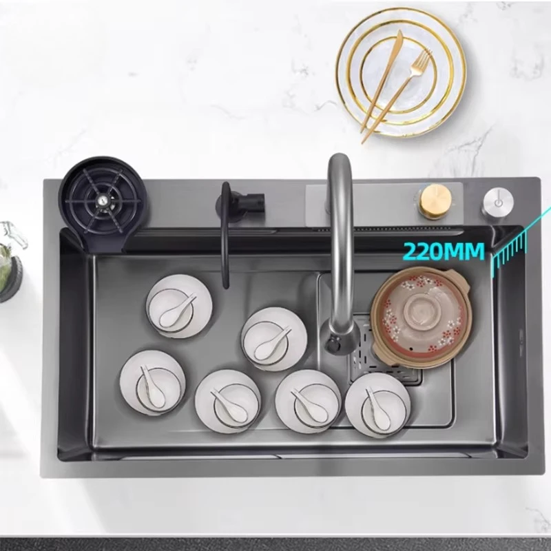 Modern Draining Single Bowl 304 Stainless Steel Multifunction Kitchen Sink Black Waterfall Faucet Kitchen Ultrasonic Sink