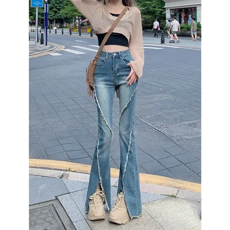 Ropa de cintura alta con cremallera para mujer, pantalones sueltos Retro femeninos con borlas, pantalones Micro acampanados, ribete deshilachado, ropa de calle con agujeros, pantalones vaqueros de mezclilla