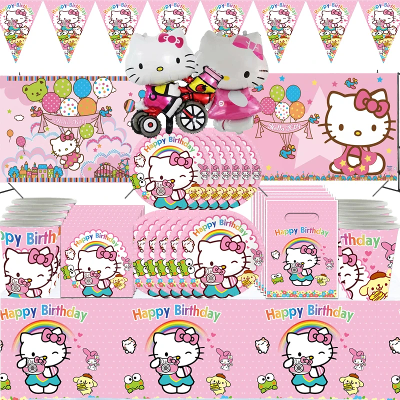 

Pink KT Cat Hello Kitty Party Supplies Balloons Cups Plates Tablecloth Toys Baby Shower Birthday Decorations