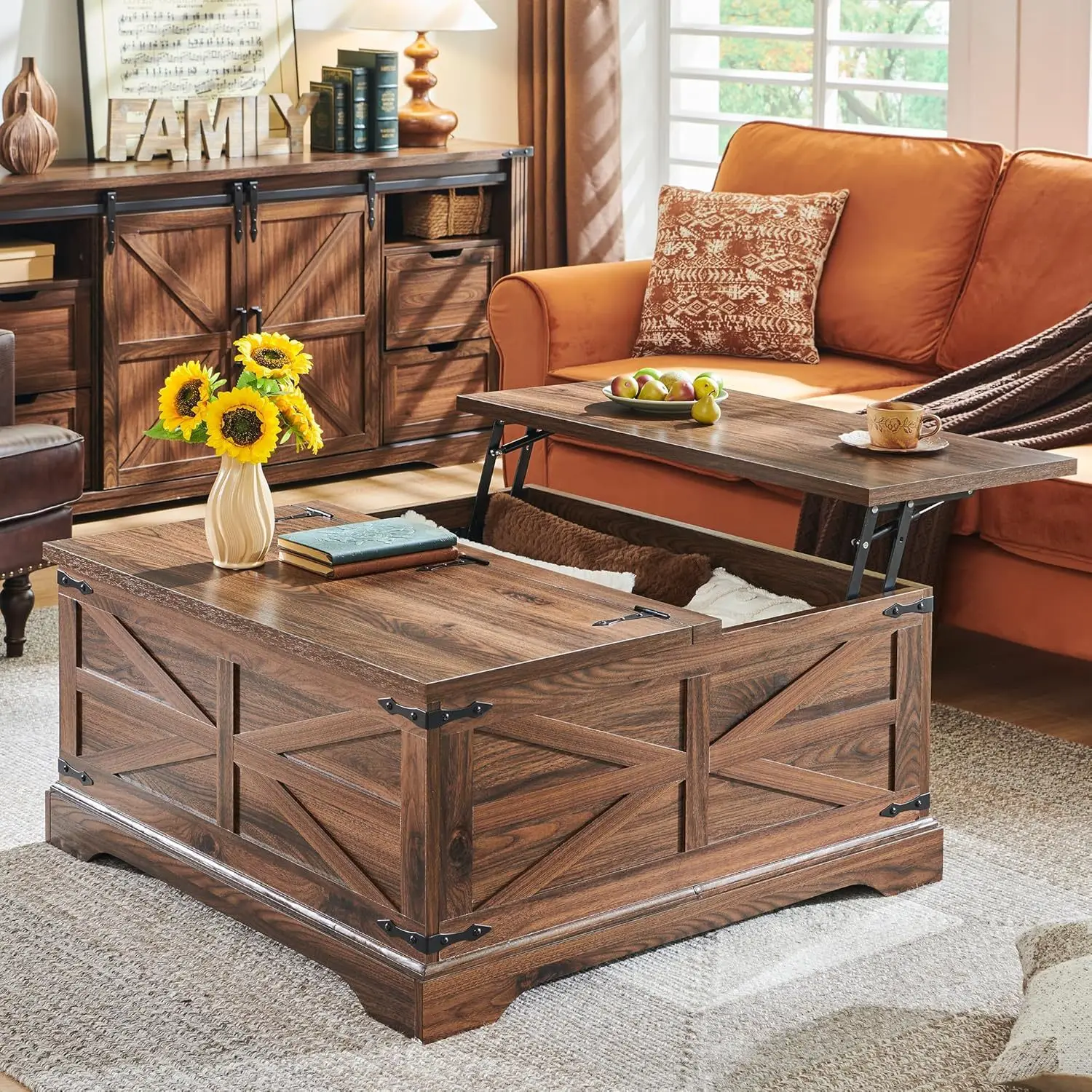 Wooden square lift coffee table with flip cover hidden storage compartment lift coffee table