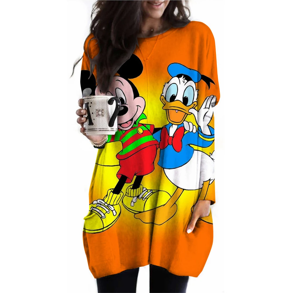 Kadın ilkbahar ve sonbahar yeni S-3XL büyük T-shirt düz renk uzun kollu gevşek disney\'in Mickey Mouse rahat Harajuku bel t-sh