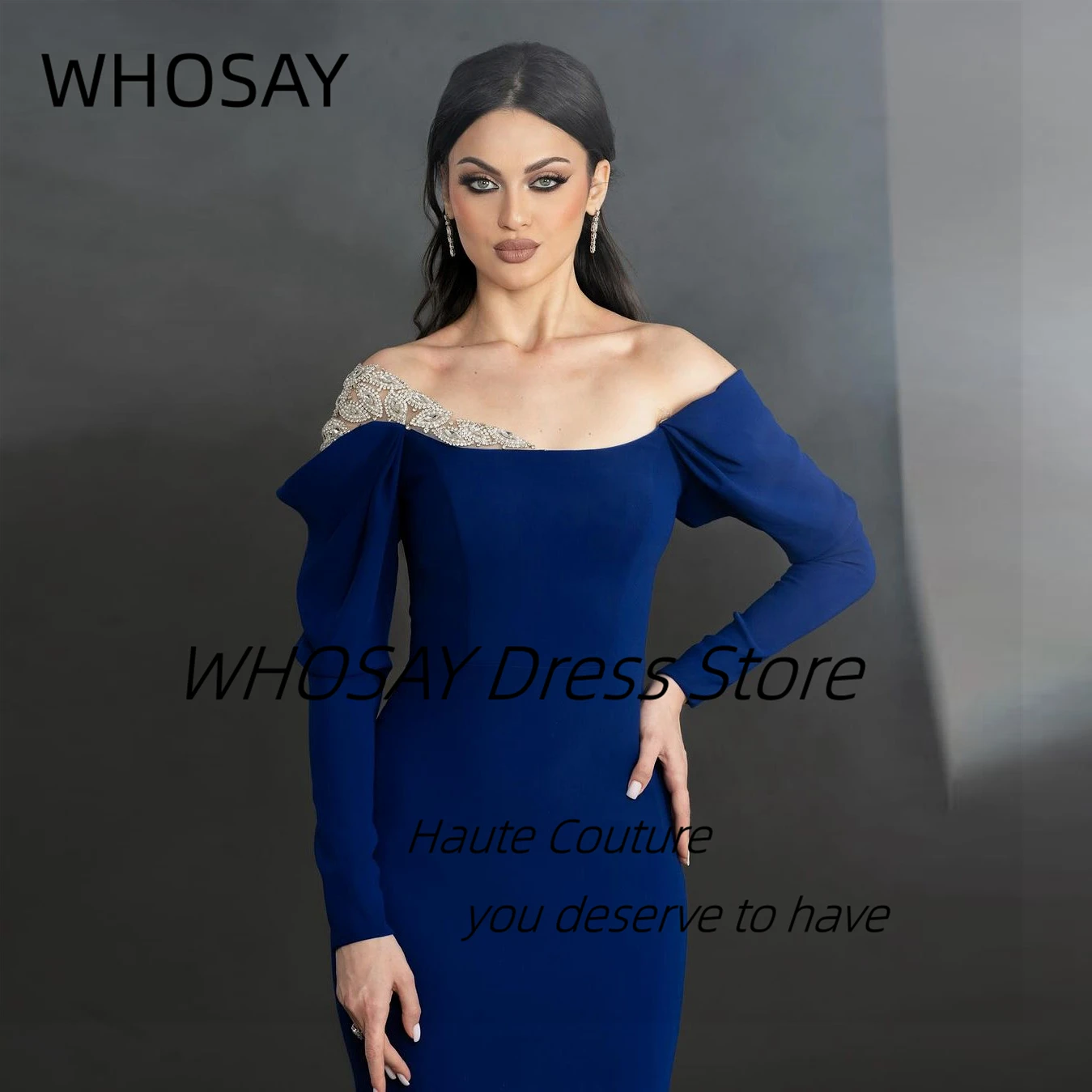 WHOSAY Formal Banquet Women Wear Beaded Off Shoulder Evening Dresses Long Sleeves Zipper Back Wedding Party Prom Gowns