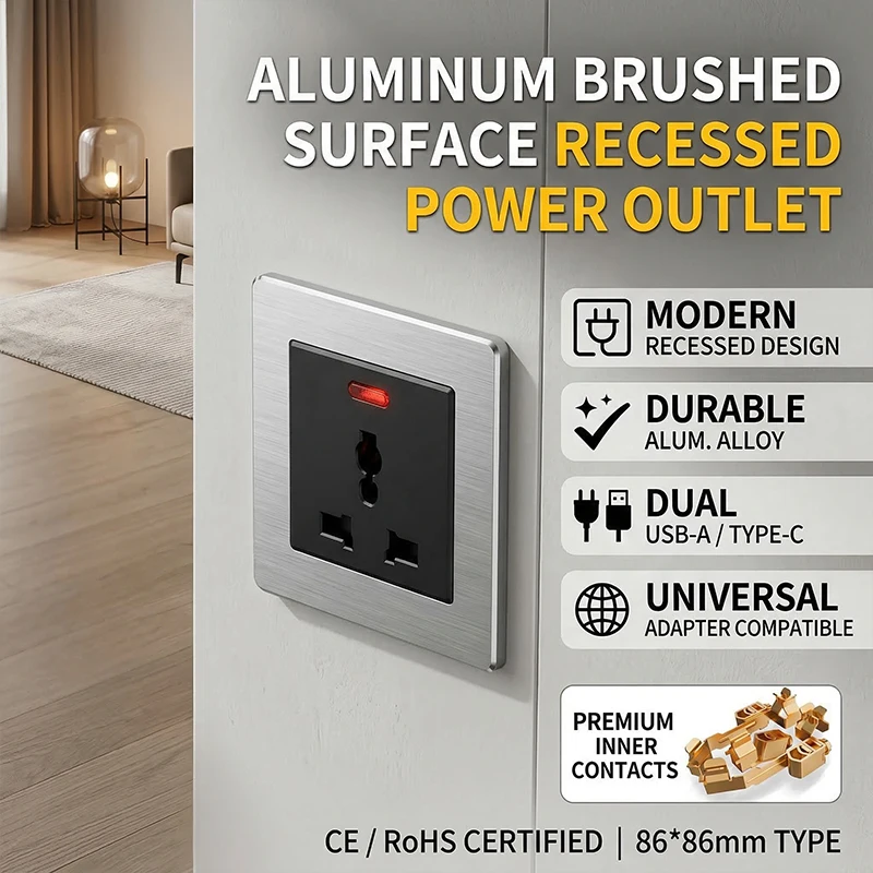 2PCS Wallpad Wall light Switch And Socket 1 2 3 Gang 2 Way Silver Stainless Steel Brushed Panel With LED TV RJ45 USB Charge Port