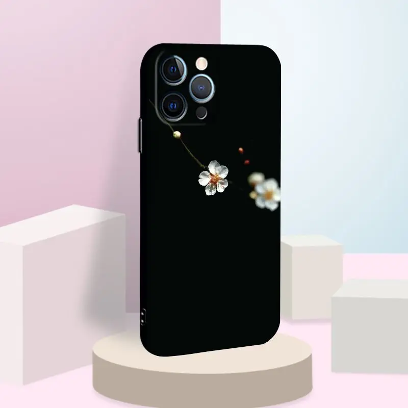 Minimalist White Flower Black Phone Case For Samsung S26 S25 FE S24 Plus S23 Ultra S22 S21 Shockproof Soft TPU Cover Floral Prin