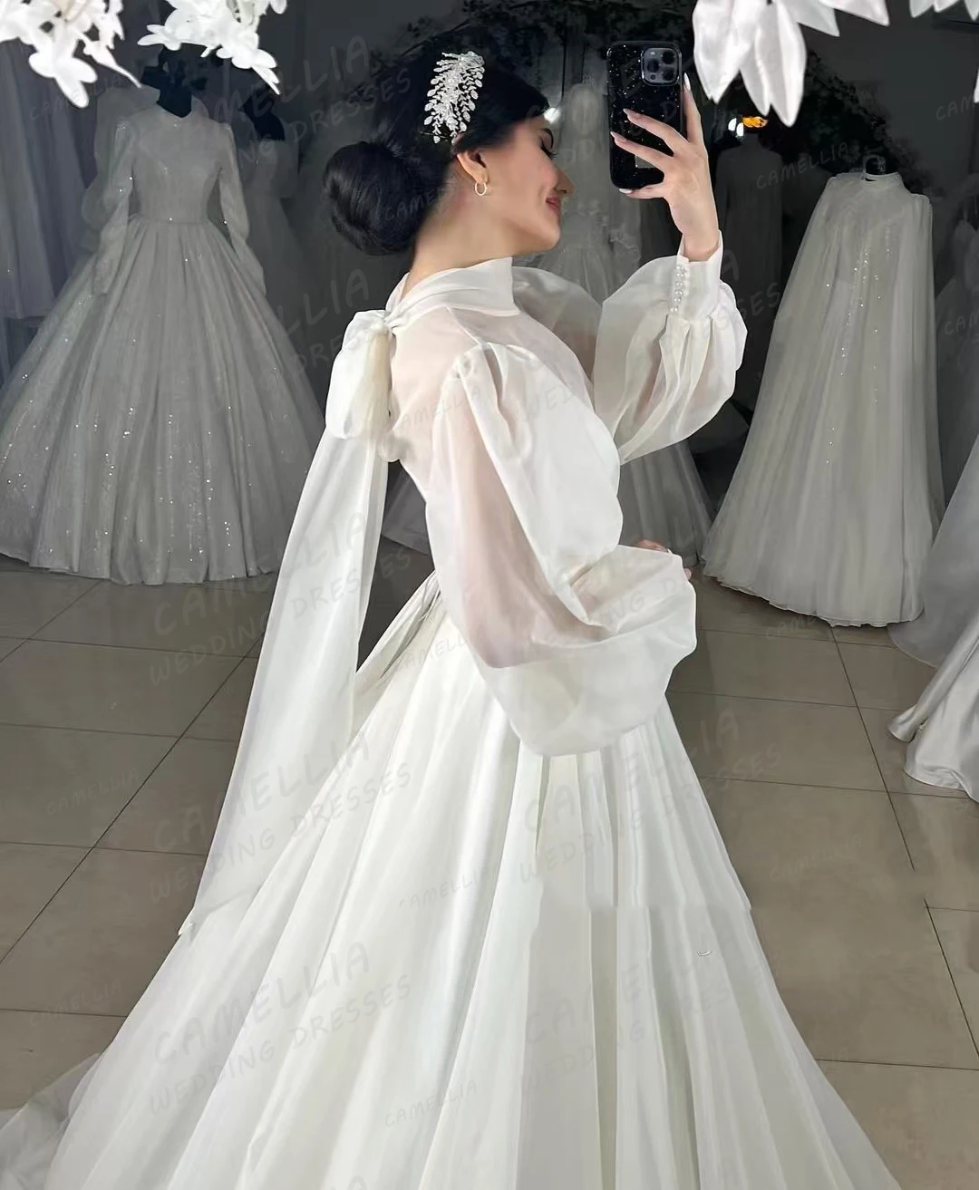 Vestidos de casamento de linha feminina, manga folhada, gola alta, princesa elegante, organza, vestidos de noiva formais, vintage sexy