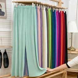 Pantalon d'été en mousseline de soie à jambes larges pour femmes, décontracté, taille haute, ample, droit, Long, plissé, jambes larges