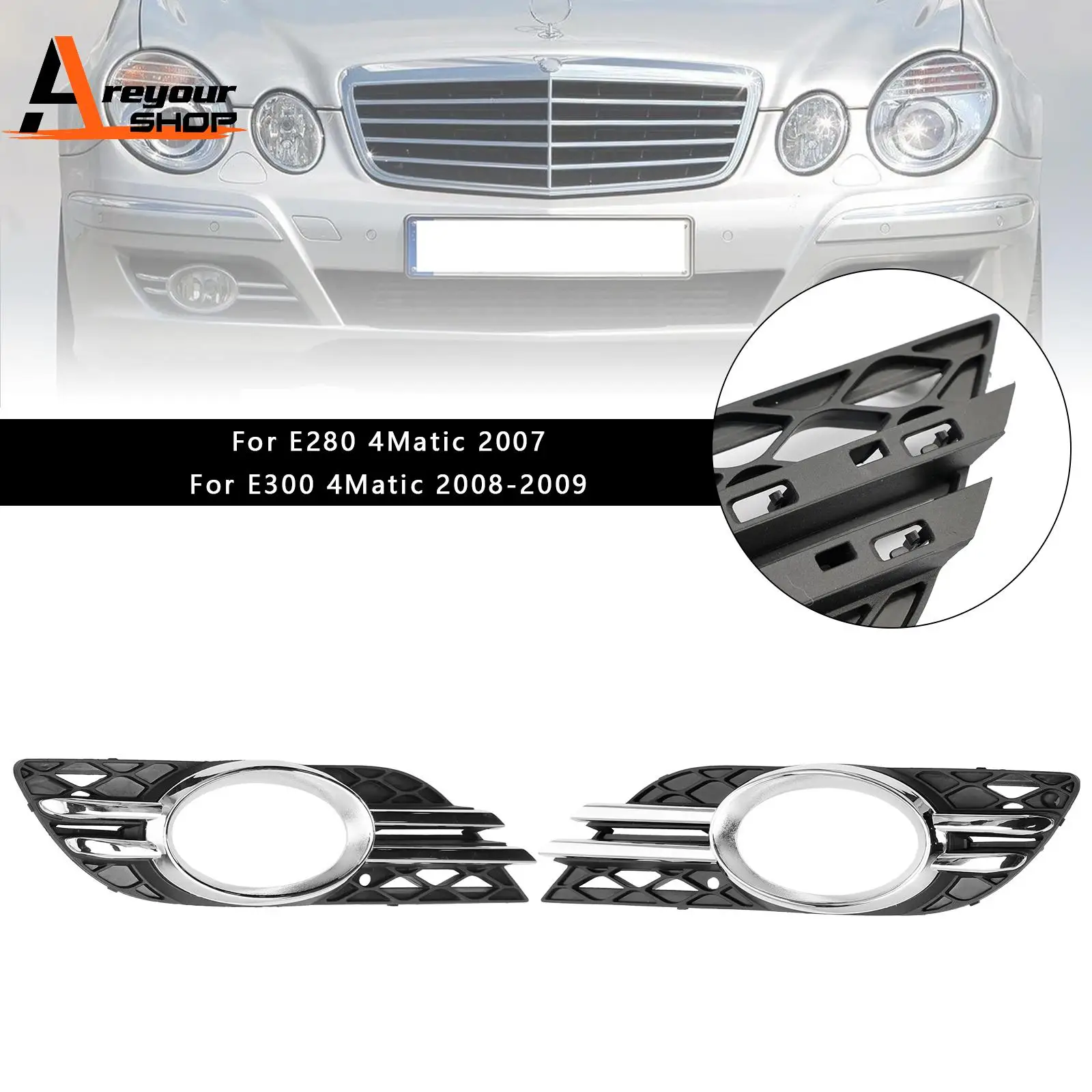 

Front Fog Light Grill Chrome Trim Cover Set Fit for Mercedes-Benz E-CLASS W211 2007 2008 2009