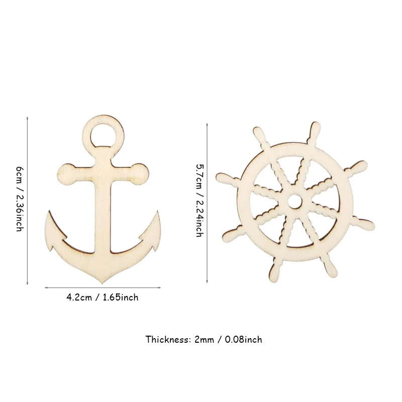 10pcs/pack Wood Anchor/Rudder Cutouts, Unfished Natural Wooden Anchor Rudder Hanging Ornaments for DIY Craft Art Supplies