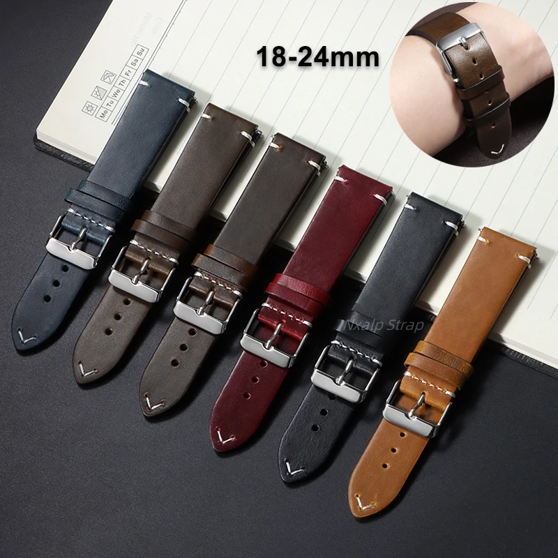 Vintage Oil Wax Calfskin Leather Watch Band 18mm 19mm 20mm 21mm 22mm 24mm Oil Wax Discoloration Strap Smartwatch Wristband