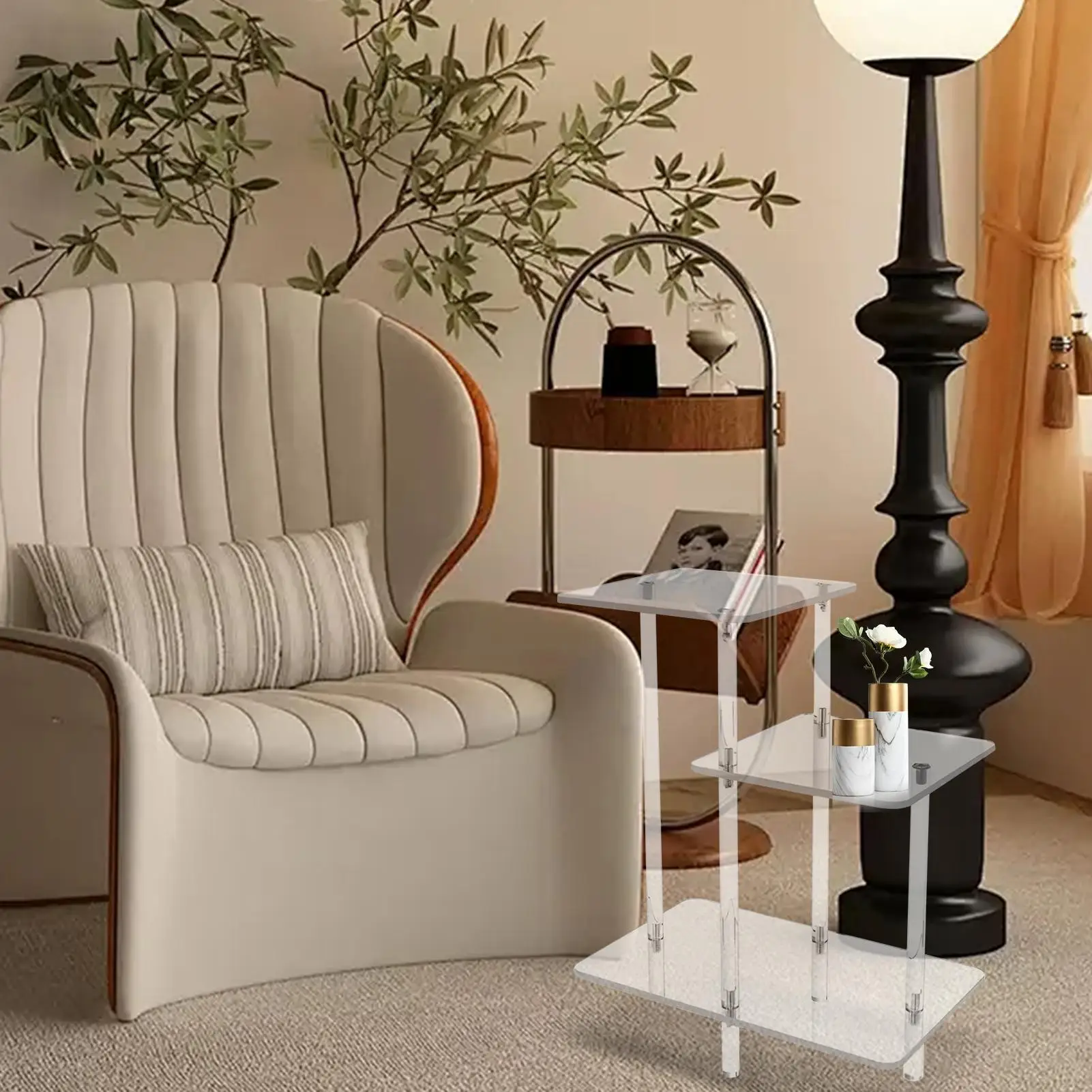 

Acrylic End Table Small Modern Bedside Tables Clear 3 Layers Nightstand For Home Patio Book Living Room Phone Lobby Hall Bedroom