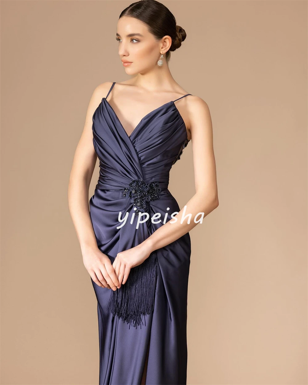 Customized Jersey Sequined Beading Tassel Ruched Clubbing A-line V-neck Bespoke Occasion Gown Long Dresses