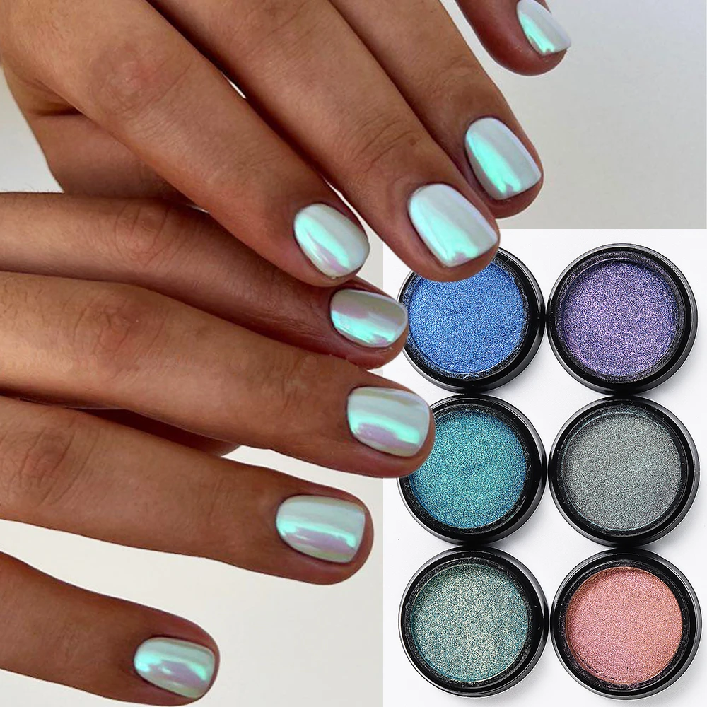 Polvo de cromo Aurora para uñas, polvo de frotamiento de sirena azul, efecto espejo camaleón para uñas, pigmento de brillo fino, Material de manicura BBX