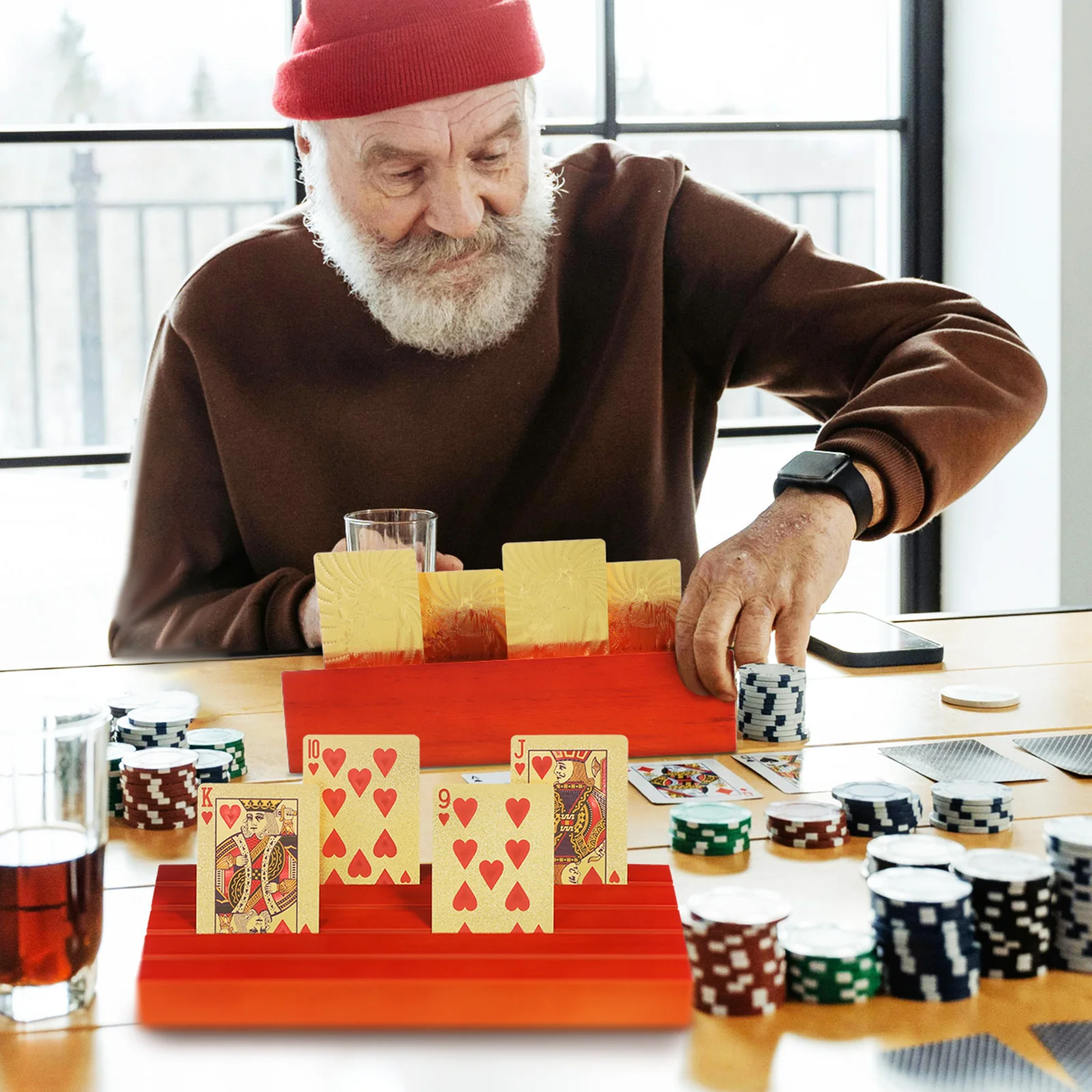2 stuks speelkaarthouder houten standaard ingelaste ontwerp kaart dek organisator brug tafelblad displaykaarten standaard