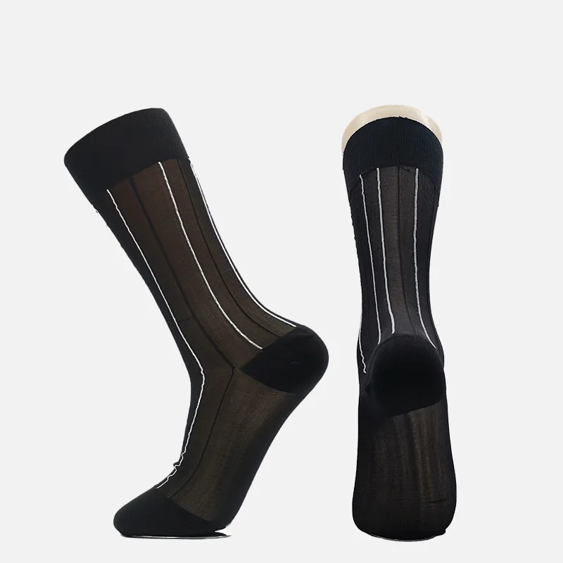 4 Pairs Men\'s Socks Summer Stripes Elastic Thin Silky See Through Nylon Stockings Man Sexy Office Business Formal Dress Socks