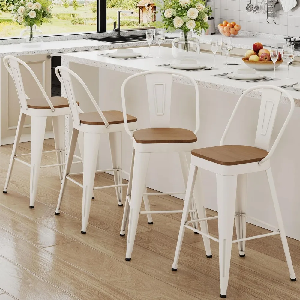 

Metal Bar Stools Set of 4, 26 inch Counter Height Barstools with Backs Farmhouse Modern High Back Bar Stools with Larg