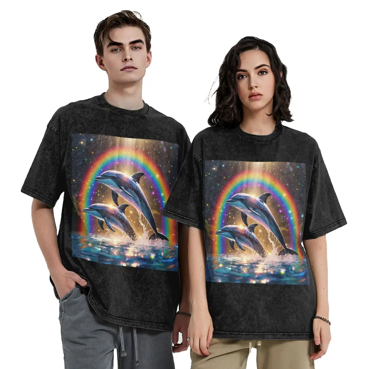 Sunset Dolphins Dancers Sea Creature Dolphin Hip Hop Short Sleeve T-Shirts Washed Tops Tees Streetwear T Shirt Casual