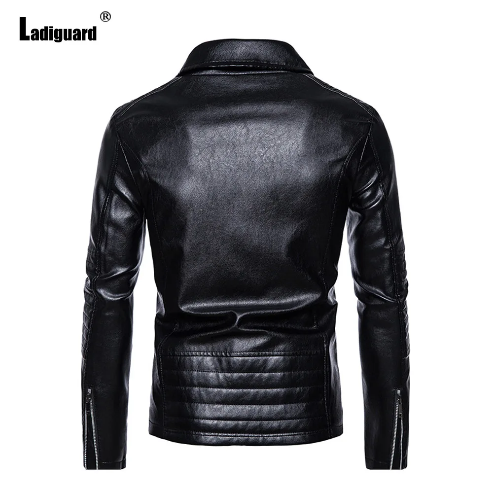 Ladiguard 2024 Europe Sexy Faux Pu Leather Jackets Plus size Mens Fashion Zipper Tops Outerwear Solid Black Motocycle Jacket New