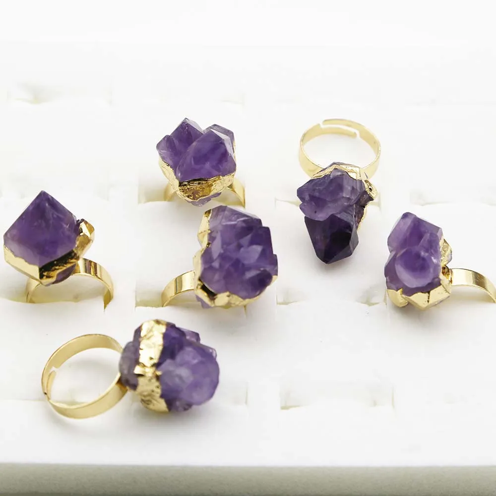 

Natural Stone Amethyst Irregular Opening Rings Cluster Rough Gold Plated Women Reiki Charm Healing Personality Jewelry Gift 8Pcs