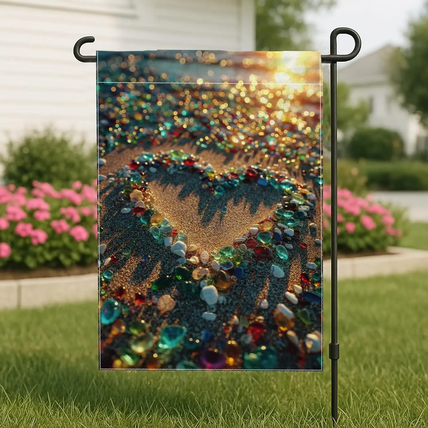Multicolor Heart Garden Flag, Colorful Gemstone Outdoor Decor Banner, Double Sided Burlap Yard Flag for Spring Summer Holida HHZ