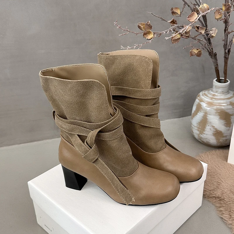 2026 New Autumn and Winter Retro Lace-Up Pants Boots, Versatile Chunky Heel Western Cowboy Boots