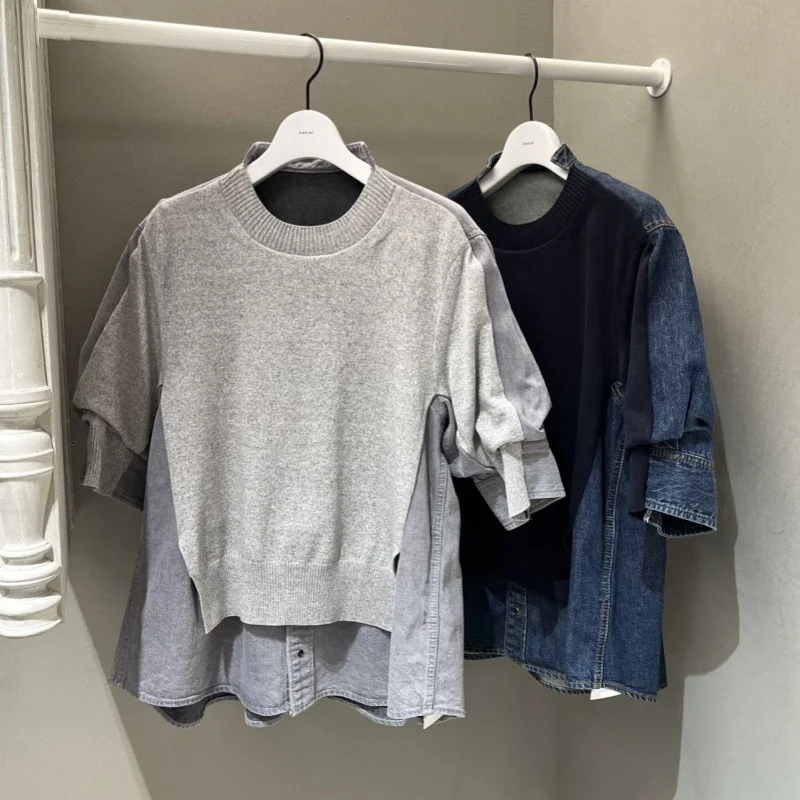 

SACAI Autumn Winter Casual Loose ort Sve Nylon-Piece Matched Women Sweater Girl Casual Knitwear Vintage Denim Effect Sli...