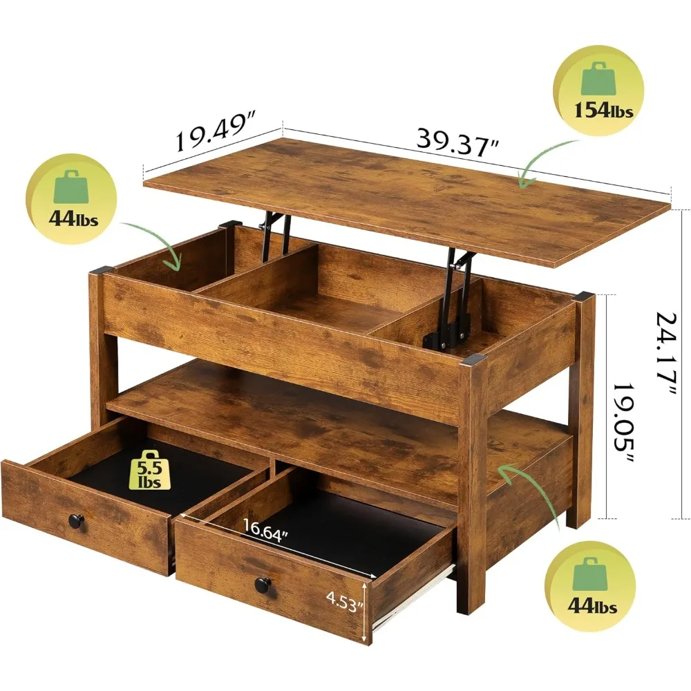 طاولة قهوة، طاولة قهوة قابلة للرفع مع درجين، تخزين كبير ورف مفتوح، سطح طاولة رفع لغرفة المعيشة، ريفي Br