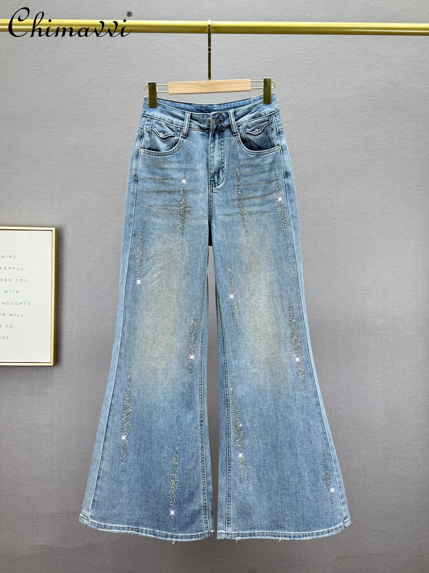 

Heavy Rhinestone Jeans Women Extended Length 2026 Spring New Fashion High Waist Loose Fit Slim Vintage Distressed Flared Pants