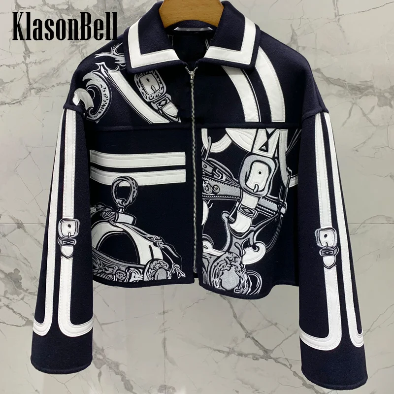 10.17 KlasonBell Women Clothes Fashion Leather Buckle Pattern Embroidery Zipper Jacket Lapel Loose Casual Cashmere Short Coat