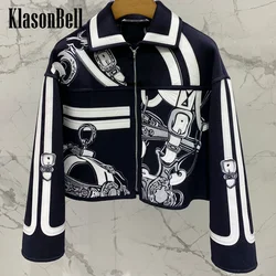 10.17 KlasonBell Women Clothes Fashion Leather Buckle Pattern Embroidery Zipper Jacket Lapel Loose Casual Cashmere Short Coat